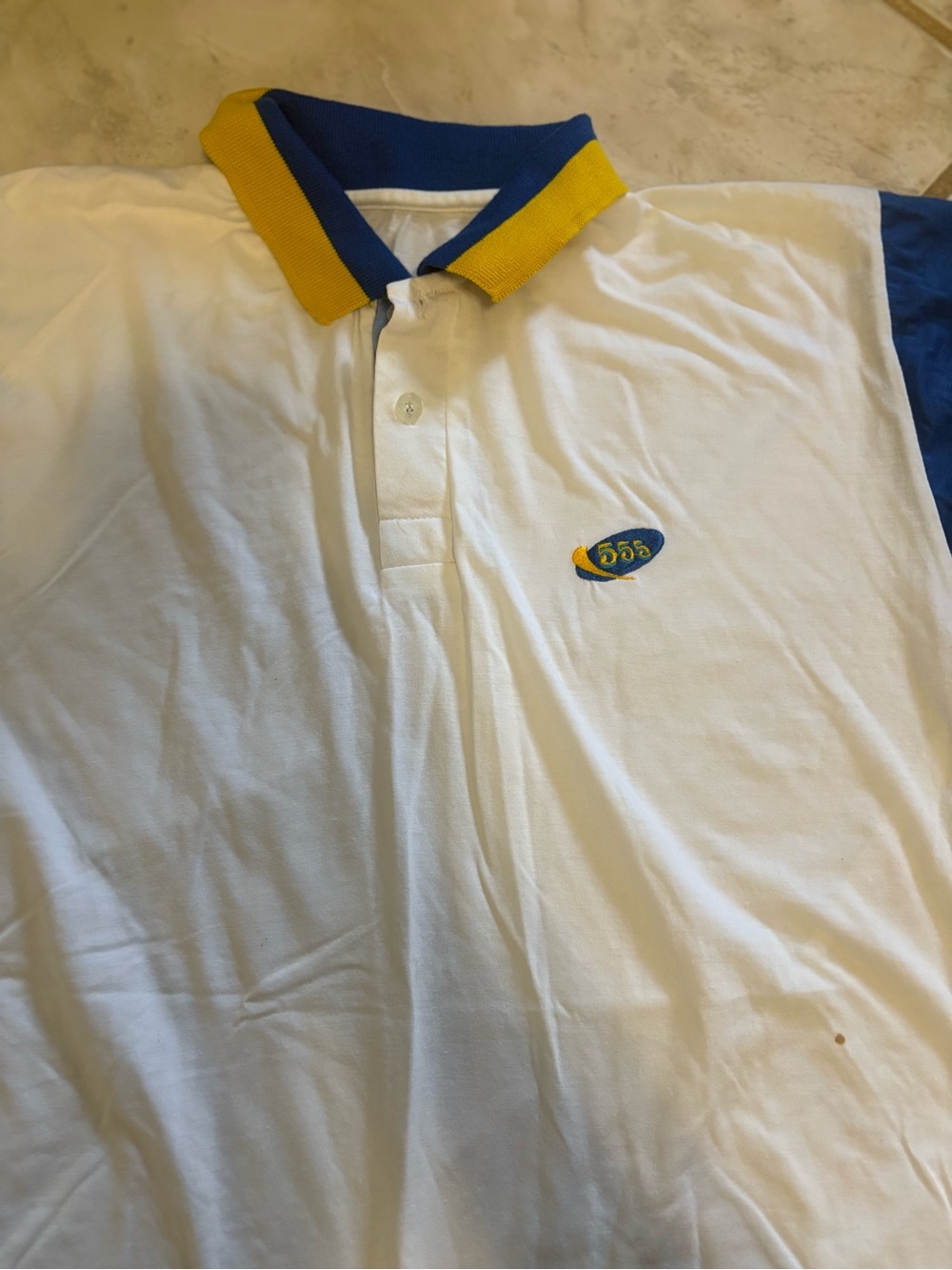 White Polo Shirt with Blue & Yellow Contrast Collar